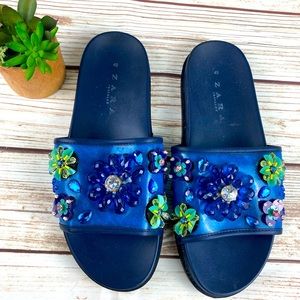 Zara Blue Floral Beaded Sandal Slides
